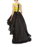 Off-the-Shoulder High-Low Gown, Yellow/Black