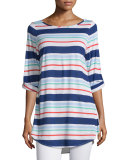 Striped Tunic with Button-Tab Sleeves, Multicolor