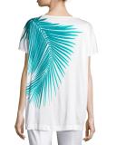 Palm-Print Jersey Dolman Tee, Bianco/Laguna