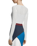 Long-Sleeve Needle-Drop Pullover Top W/Cami, White