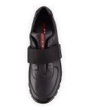Strap-Front Leather Running Sneaker, Black