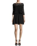 Joie Lace-Top 3/4-Sleeve Dress, Black