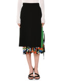 Floral-Hem Tie-Side Midi Skirt, Black