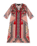 Embroidered Multipattern Silk Maxi Dress, Peach, Size 4-6