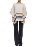 3/4-Sleeve Blanket Striped Poncho, Beige
