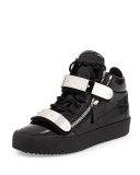 Men's Double-Strap Patent Leather Mid-Top Sneaker, Black