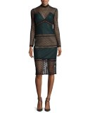 Fitted Mock-Neck Lace Midi Dress