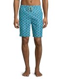 Peacock-Print Swim Trunks, Green 