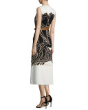 Sleeveless Horse-Print Midi Dress w/ Leather Belt, White Trocadero