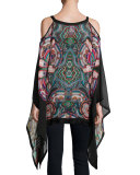 Printed Cold-Shoulder Caftan, Black/Multi