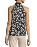 Halter-Neck Blossom-Print Blouse, Black/Nude