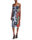 Sleeveless Patchwork Asymmetric Dress, Roses/Palm Mix