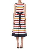 Sleeveless Striped Belted Midi Dress, Multicolor