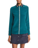 Nico Long-Sleeve Tipped Silk Blouse, Teal