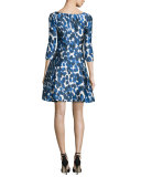 3/4-Sleeve Petal-Print Party Dress, Cobalt
