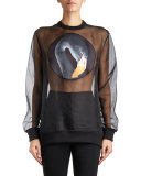 Swan-Patch Organza Sweatshirt, Black