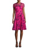 Short-Sleeve Floral Lace Cocktail Dress, Pink/Blue
