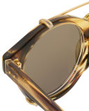 Round Acetate Sunglasses w/ Clip-On Lenses, Gold/Horn