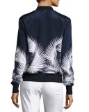 Palm-Print Stretch-Silk Bomber Jacket, Navy/Bianco