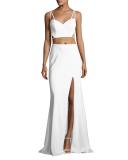 Sleeveless Crepe Lattice Two-Piece Gown, White