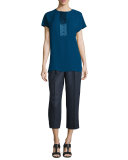 Azalea Short-Sleeve Half-Placket Silk Blouse, Aegean