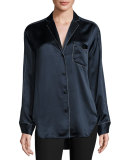 Hahn Pickstitch Silk Satin Pajama Shirt, Navy/White