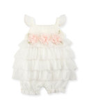 Sleeveless Tiered Tulle Bubble Romper, Ivory, Size 3-9 Months