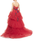 Strapless Embellished Tiered Tulle Ball Gown, Cherry