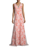 Sleeveless V-Neck Gown W/Embroidered Lace Overlay, Ivory/Orange 