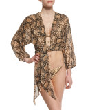 Python-Print Tie-Front Coverup Crop Top