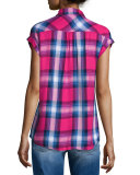 Britt Plaid Cap-Sleeve Shirt, Barry/Navy