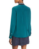 Nico Long-Sleeve Tipped Silk Blouse, Teal