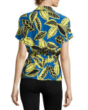 Short-Sleeve Palm-Print Blouson Blouse, Blue/Yellow