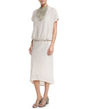 Paillette Blouson Midi Evening Gown, Ivory