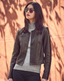 Collarless Cropped Pebbled Leather Jacket, Black