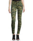 Halle Mid-Rise Super Skinny Jeans, Green Destroyed Camo