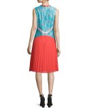 Sleeveless Pleated-Skirt Colorblock Dress, Red