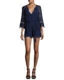 Greta Netted/Lace Romper Coverup, Blue Corn