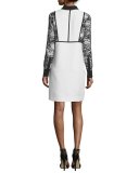 Long-Sleeve Collared Cocktail Dress, Ivory/Black