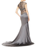 Sheer-Back Beaded Satin Gown