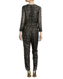 long-sleeve metallic silk chiffon jumpsuit, Black/Gold