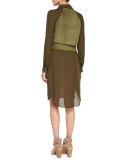 Long-Sleeve Two-Tone Belted Dress, Military