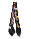 Floral Classic Skinny Fringe Silk Scarf, Black