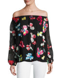 Tessa Off-the-Shoulder Floral Georgette Tassel Top, Black