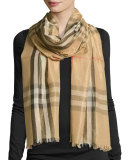 Metallic Gauze Giant Check Scarf, Camel/Gold
