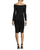 Long-Sleeve Off-the-Shoulder Fitted Ponte Dress, Black