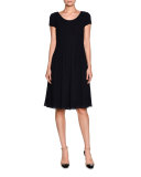 Short-Sleeve Pleated A-Line Dress, Navy