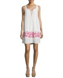 Alison Floral-Embroidered Shift Dress, Ivory/Fuchsia