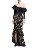 Justina Floral Ruffled Maxi Skirt, Black/Pink/Green