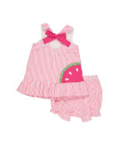 Sleeveless Striped Seersucker Watermelon Dress w/ Bloomers, Pink, Size 3-24 Months